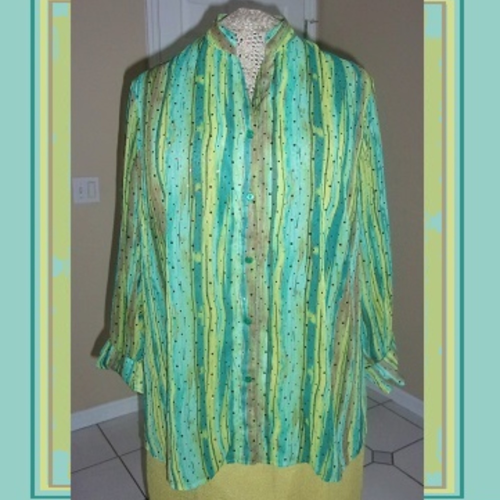 Moss & Teal Greens & Sequins Crinkle Sheer Blouse